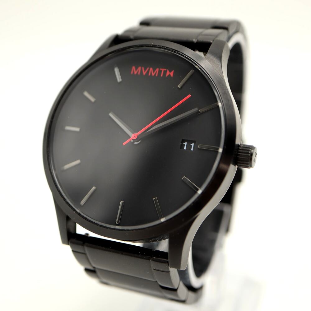 MVMT Classic Mens Black Red Stealth Watch 45mm Date Stainless Steel New Battery